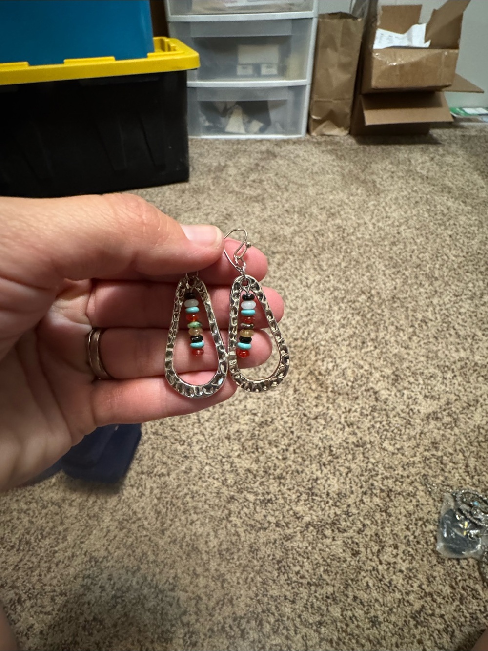 Handmade Hammered Silver Teardrop Earrings with Turquoise and Coral Beads
